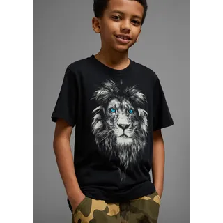 Kidsworld T-Shirt KIDSWORLD "Mit Löwenprint: LION WITH BLUE EYES", Jungen, Gr. 164/170, schwarz, Jersey, Obermaterial: 100% Baumwolle, bedruckt, Basic, Rundhals, Shirts T-Shirt, Kurzarm, Basic-Passform, mit trendigem Druck, Rundhalsausschnitt