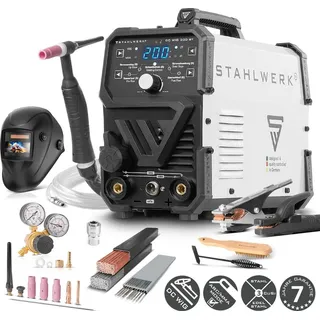 STAHLWERK Schweißgerät 2 in 1 Kombi DC WIG 200 ST - WIG & MMA, 200 A, HF-Zündung, Anti-Stick, Stahl, Edelstahl, Kupfer, Messing, kein Aluminium