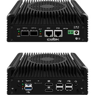CWWK N150 Mini PC Firewall Appliance, 2 x 10GbE SFP+ Mini Computer mit 2 x i226-V 2.5GbE LAN, S2 OPNsense Micro PC Barebone DDR5 NO RAM/SSD/OS, USB-C, TF, Dual 4K Display, AES-NI