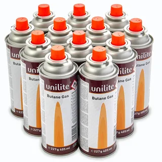 Unilite 12 x Gaskartuschen - Butangas Kartuschen 227 mit MSF-1A Bajonett Ventil – Die Butan Gaskartuschen sind ideal beim Camping für Campingkocher, Gas-Lampe & Co. oder für Unkrautbrenner