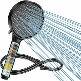 Cobbe Filter Duschkopf mit Schlauch, Cobbe Hochdruck-Duschkopf mit 6 Strahlarten, Wassersparender mit Duschschlauch, Handbrause mit gegen Kalk für hartes Wasser, Schwarz