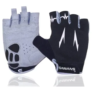 SAWANS Fahrradhandschuhe Halbfinger MTB Rennrad Handschuhe rutschfest Stoßabsorbierend Gepolstert Atmungsaktiv Mountainbike Handschuhe für Damen Herren Schwarz 2XL