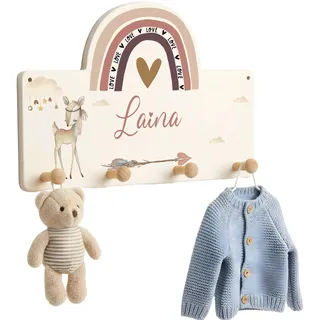 Kidsmood - Kindergarderobe Personalisiert mit Namen - Wandgarderobe mit 4 Hacken aus Holz inkl. Dübel & Schrauben - Garderobe für Baby & Kleinkinderzimmer - Geschenk zur Geburt & Taufe [40x27,5 cm]