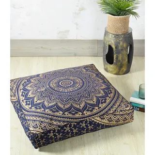 Popular Handicrafts Quadratischer Hippie-Mandala-Bodenkissenbezug – Indisches Ombre-Tagesbett, übergroßer Baumwoll-Kissenbezug, strapazierfähiger Reißverschluss, Sitzhocker, 88.9 cm, Blau / Gold