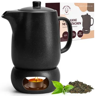 Happy Lemuro Teekanne mit Stövchen Set - 1,2 l - Keramik Teekanne mit Siebeinsatz und Kerzenwärmer - Tea Pot - Teapot - Tee Kanne mit Stövchen Keramik - Teezubereiter für Losen Tee