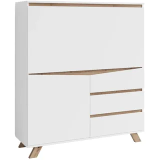 byLIVING Sekretär VALENTIN Office-Schrank mit 1 Tür und 3 Schubkästen | Sekretär matt weiß mit Absetzung in Eiche-Optik, Scandi-Style, Grifflos, B 120, H 127, T 38 cm