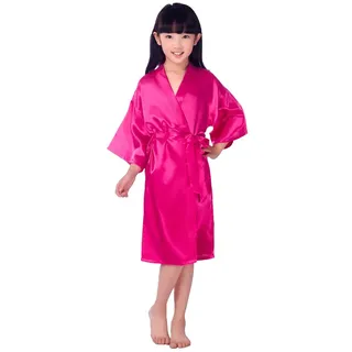 Joyplay Kinder Mädchen Kimono Aus Satin Seide Soft Robe Bademäntel Morgenmäntel Pyjamas Seidenrobe Nachthemden Nachtwäsche Seidenrobe kurz Rose L - L