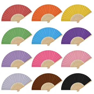 12 Stück Papierfächer Hand, Bambus Handheld Faltfächer, Faltbare Handfächer Bunt, Fächer Holz Papier, Taschenfächer Fan für Hochzeit, Gäste, Sommer, Party, Wanddekoration, Geschenke, 21x2,8x1cm (A)