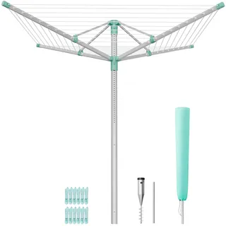 SONGMICS Wäschespinne, Wäscheständer höhenverstellbar, Aluminiumlegierung, draußen, mit Bodenanker, Schutzhülle, Wäscheklammern, silbern-grün, 40 m Wäscheleine, für 4 Waschladungen LLR303EZ01