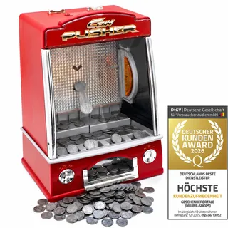 GOODS+GADGETS® Münzschieber Spielautomat 35cm, Casino Geldspielautomat | Purer Spielspaß für Zuhause, abschaltbare Musik & Lichteffekte, inkl. Spielmünzen, idealer Mini Coin Pusher aus Kunststoff