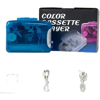 Tragbarer Kassettenspieler mit FM-Radio, Retro-Tape-Recorder mit USB-Ladefunktion und 2 AA-Batterien, transparent, für Walkman-Stereo-Kopfhörer im Lieferumfang enthalten (blau)