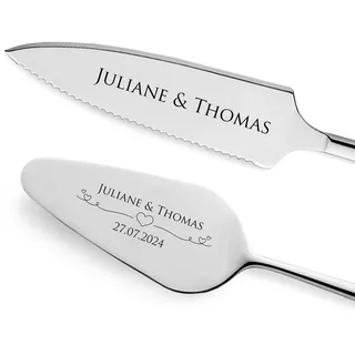 GRAVURZEILE Tortenheber inkl. Tortenmesser mit persönlicher Gravur - Herzen - Geschenk zur Hochzeit - Hochwertiger Edelstahl - Spülmaschinengeeignet - Hochzeitsgeschenke für Brautpaar - Silber