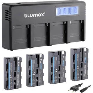 Blumax 4X Akku NP-F550 / NP-F570-3500mAh LG Zellen + LCD 4-Kanal Schnell-Ladegerät | kompatibel mit Sony NP-F530 NP-F960 für Blitzgeräte Videoleuchten Fieldmonitore
