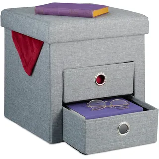 Relaxdays Sitzhocker mit Stauraum, 2 Schubladen, Griffe, modern, faltbar, gepolstert, Hocker HBT: 39 x 37 x 37 cm, Grau