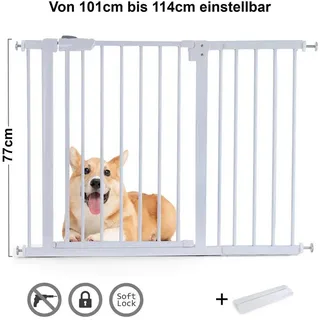 RAMROXX Tür- und Treppenschutzgitter 101-114 cm Metall weiß inkl. Rampe und Verlängerung 28 cm