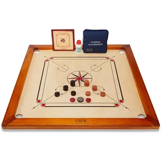 Uber Games Carrom-Set – jetzt mit härteren Kanten für besseren Rückprall, Carrom-Bretter mit Mangoholzkanten und Einer 4 mm dicken, polierten Mangoholz-Spielfläche. Wiegt 7 kg