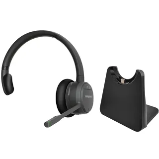 GEQUDIO GC-1 DECT & Bluetooth Headset mit Ladestation für AVM FritzBox - Kabellos am FritzFon telefonieren - Mono Kopfhörer für PC & Smartphone, Schwarz/Grau
