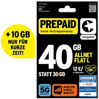 congstar Prepaid ALLNET L SIM-Karte ohne Vertrag I 40 GB Vielsurfer Prepaid-Paket in D-Netz-Qualität I 5G mit 25 Mbit/s + 12€ Startguthaben I Telefonie & SMS Flat in alle dt. Netze I EU-Roaming inkl.