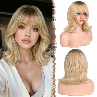 FESHFEN Bob Perücke mit Pony - Wellig Kurze Blonde Perücken für Frauen Synthetische Natürlich Haarperücke Geschichtete Wellen Wigs für Tägliche Party, Ombré Blond