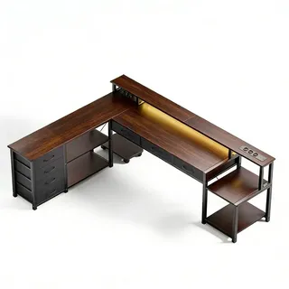 AIORBER L-förmiger Eckschreibtisch mit Schubladen, Steckdosen & USB, Monitorständer, LED-Beleuchtung, reversibel 200×146 cm, Braun - Braun