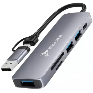 REAGLE USB 3.2 GEN 1 6-in-1 Active Hub Adapter Zwei Stecker USB-A und USB-C von 5 Gbps 3 USB-A Anschlüsse SD und Micro SD Kartenleser kompatibel mit Desktop Laptop Telefon