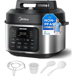 Midea 9-in-1 Multikocher, 6L mit 12 Kochfunktionen Elektrischer Schnellkochtopf (Langsamkochen, Reiskocher, Sous Vide, Kuchenbäcker), 70% schneller, gebürsteter Edelstahl & Schwarz