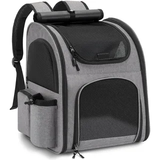 Hunderucksack bis 10kg, Haustier Rucksack mit Netzfenster, Faltbare Katzenrucksack Hunde Rucksack, Atmungsaktive und Leichte Dog Cat Backpack mit Innerer Sicherheitsleine und Haustiermatte - Grau