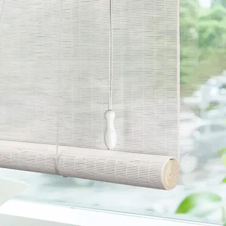 Bambusrollo Bambusjalousien Weiss Rollläden Sonnenblende Bambus Vorhang Raffrollo Außen Lichtfilter Seitenzugrollo Sichtschutz für Fenster,Türen,Balkon,Pavillon,Maßanfertigung (W70 x H110cm)