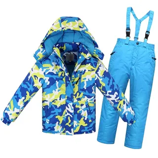 LCIGIA Schneeanzug Mädchen Skijacke Jungen Skianzug Kinder 2 Teilig Wasserdichte Fleecejacke Mit Abnehmbarer Kapuze Jacke + Hosenträgerhose, Blau + Camouflage, 128-134, H13-YL28W65Z-L10 - 128-134