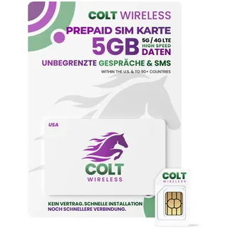 Colt Wireless Prepaid-SIM-Karte für die USA, 30-Tage-Prepaid-Handytarif, 5 GB 4G LTE/5G SIM-Karte mit unbegrenztem Datenvolumen, Telefonieren und SMS in über 90 Ländern, mobiler Hotspot