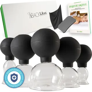 BACKLAxx BACKLAxx® Schröpfgläser Set 5 Glocken mit Saugball Silikon & Faszienschaber, Schröpfen gegen Cellulite, Face Cupping Set gegen Falten, Schröpfglas gegen Verspannungen, Schröpfgerät mit eBook