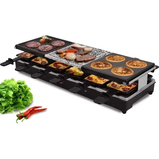 Syntrox Germany Raclette für 12 Personen 1350W mit heißem Stein 12 Pfännchen 3 Platten Antihaftbeschichtet Schwarz - Schwarz
