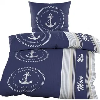 2-tlg. Seersucker Bettwäsche 135x200 +80x80cm, blau weiß, maritim/Anker, bügelfrei