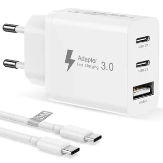 30W USB C Ladegerät mit USB C Kabel 3M für iPhone 17 Air 16E 16 15 Pro Max 16 15 Plus iPad, 3-Port Mehrfachstecker USB C Stecker Netzstecker USB Netzteil USB Charger Schnellladestecker Ladeadapter