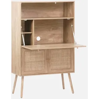 sweeek - Schreibschrank / Sekretär, 2 Türen und Regale, Holzeffekt und Rohrgeflecht