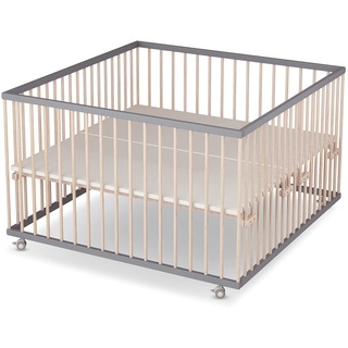 Sämann Laufstall Baby 120x120 cm | TÜV geprüft 2023 | stufenlos höhenverstellbar | Laufgitter XXL Premium | Babybett aus Holz | Krabbelgitter Komplettset grau/natur