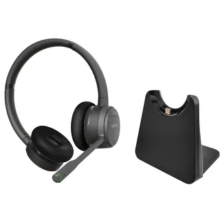 GEQUDIO GC-2 DECT & Bluetooth Headset mit Ladestation für AVM FritzBox - Kabellos am FritzFon telefonieren - Stereo Kopfhörer für PC & Smartphone, Schwarz/Grau