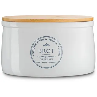 KHG Brotkasten Weiß Keramik Steingut Holzdeckel Bambus, Aufbewahrung Brot oval, Deckel als Schneidebrett, glänzend glasiert mit Emaille, Lüftungslöcher, Landhaus Vintage Stil, beschriftet