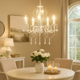 Pendelleuchte weiß Kristall Lampe Kronleuchter Wohnzimmerleuchte Deckenleuchte Hängelampe, 5-flammig hängend, 5x E14, DxH 44x149 cm