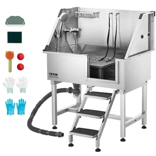 Vevor Hundewaschstation aus Edelstahl, 961x620x1220 mm Tierpflegewanne mit Ablagetreppe, Wasserhahn, Duschkopf & Seifenhalter, für große, mittelgroße & kleine Haustiere (rechte Tür)
