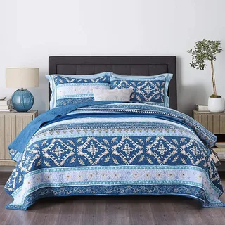 VVHUDA Gestepptes Tagesdecken-Set, doppelte Tagesdecke, Baumwolle, Blau, 220 x 240 cm, Steppkissen, Patchwork, bunt, Boho, 3-teilig, King-Size, multifunktionale Gesteppte Steppdecken, 100% Baumwolle,