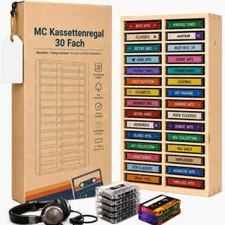 FabaCare MC-Kassetten Regal aus Holz – 30 Fächer, Sammler-Display für Audiokassetten, Musikkassetten-Regal, für Hörspielkassetten, Audiokassetten Wandboard aus Naturholz, Farbe: buche
