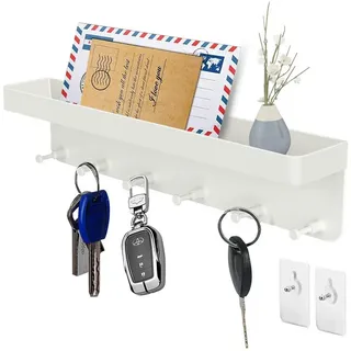 SURFOU Schlüsselbrett Schlüsselbrett mit Ablage, Schlüsselboard Schlüsselhalter ohne Bohren, (Edelstahl Selbstklebend Schlusselhanger Schlüssel Aufbewahrung Schlüsselleiste Wandorganizer Hakenleiste mit 6 Haken, Weiß/Schwarz, Schlüsselbrett), Edelstahl mit 6 Haken weiß