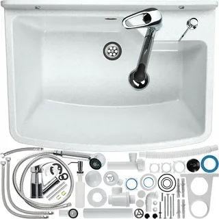 GOSPO Ausgussbecken mit ausziehbare Armatur, Waschbecken 61 x 44 x 23,5 cm, Waschtrog mit Seifenspender, Siphon, Spülbecken inkl. Zubehör, Waschraum, Industrie Waschtisch (weiß)