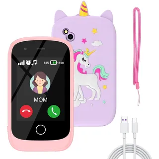 PTHTECHUS Kinder Handy, Mini-Telefon für Mädchen Jungen, 2.8 Zoll großer Touchscreen Smartphone Kinder 16 Spiele Anruf SOS Musik Kamera Schrittzähler Wecker, kindertelefon Jungen ab 4-9 Jahre (Rosa)