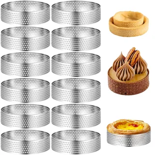 QGGTQG Mousse Tartelette Förmchen 12 Stück Dessertringe mit Löchern 6 cm Tortenring Klein Dessert Mousse Ring Edelstahl Perforierter Crumpet Rings für Mousse, Torten, Mini-Pizzen, Muffins (12, 6cm)