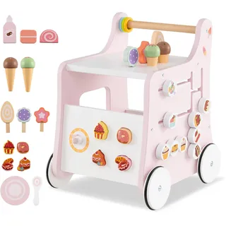 COSTWAY Lauflernwagen Holz, Lauflernhilfe mit Stauraum, Dessertladen auf Rädern mit Eiscreme, Schiebern, Labyrinth, Teller und Löffel, Montessori-Aktivitätszentrum für Kinder ab 1 Jahr (Rosa)