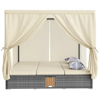 Merax Rattan Sonneninsel 2 Personen mit Vorhang, Outdoor Daybed mit verstellbarer Rückenlehne & Klapptisch, Gartenliege, Grau+Beige