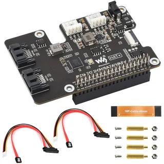 Waveshare PCIe to 2-Ch SATA Adapter for Raspberry Pi 5, Supports SATA Hard Drive Protocol, Onboard Dual LED Indicators and EEPROM, HAT + Standard, Driver-Free, Plug and Play
