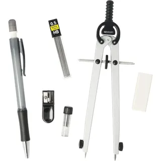 Westcott Zirkel Set Unicolour | 6-teilig mit Schnellverstellzirkel, Nachfüllminen, Anspitzer, HB Druckbleistift inkl. 12 Minen, Radierer | Zirkel mit Feststellrad | E-711422 00